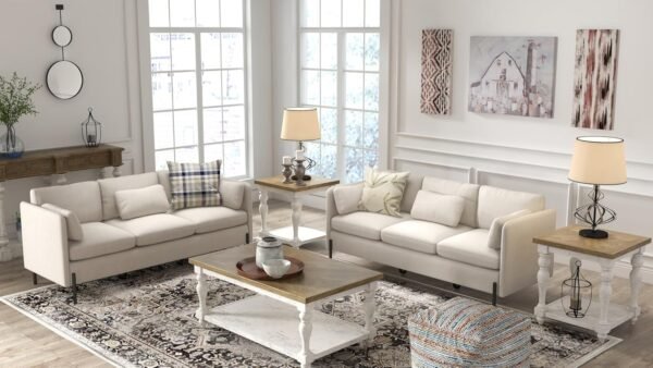 LINLUX 70”W Sofa Couch, 3 Seater Couches for Living Room, Comfy Sofas w/3 Pillows and Iron Legs, Fabric Sofa for Small Spaces, Bedroom, Office, Beige - Image 6