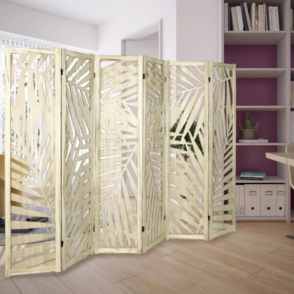 Babion 6 Panel Room Divider, 5.6FT Portable Wall Dividers, Room Dividers and Folding Privacy Screens, Wood Cutout Engraving Room Divider Screens for Office, Bedroom, Natural Brown - Image 9