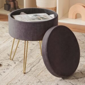 DUHOME Velvet Storage Ottoman, Vanity Stool with Removable Cover Footrest Stool Round Vanity Chair Small Coffee Table for Bedroom Living Room Grey