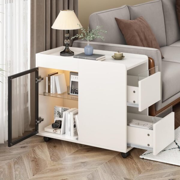 Modern End Table Side Table with Wheels, Narrow End Table with Transparent Brown Glass Door, 2 Storage Shelves and Drawers, Versatile Nightstand for Living Room (White * 121)