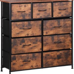 ZENY 9 Drawers Dresser, Fabric Storage Tower, Organizer Unit for Bedroom, Living Room, Hallway, Closet, Nursery, Tall Chest with Fabric Bins, Steel Frame, Wooden Top & Easy Pull Handle (Rustic Brown)