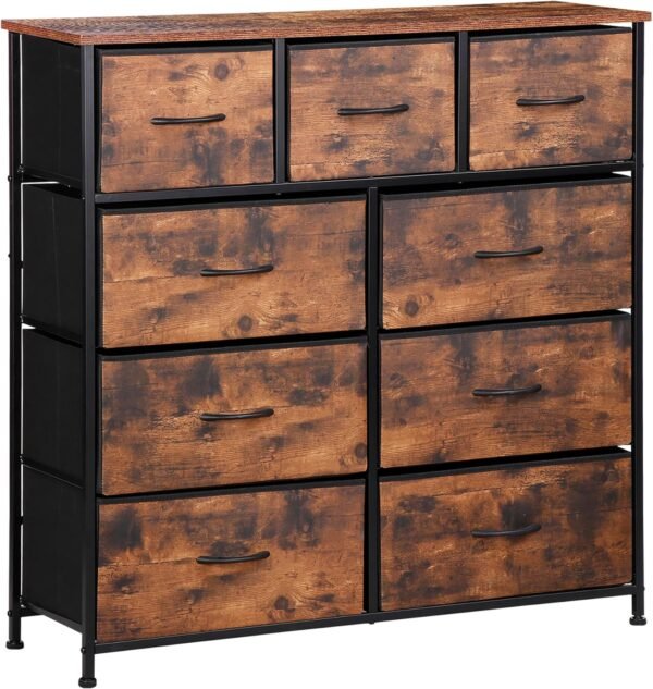 ZENY 9 Drawers Dresser, Fabric Storage Tower, Organizer Unit for Bedroom, Living Room, Hallway, Closet, Nursery, Tall Chest with Fabric Bins, Steel Frame, Wooden Top & Easy Pull Handle (Rustic Brown)