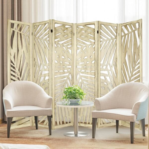 Babion 6 Panel Room Divider, 5.6FT Portable Wall Dividers, Room Dividers and Folding Privacy Screens, Wood Cutout Engraving Room Divider Screens for Office, Bedroom, Natural Brown - Image 2
