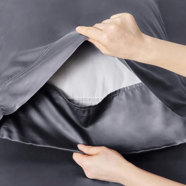 Bedsure Queen Sheet Set, Cooling Sheets for Queen Size Bed Set, Rayon Derived from Bamboo, Breathable & Soft Deep Pocket Up to 16", Hotel Luxury Silky Bedding Sheets & Pillowcases, Dark Grey - Image 5