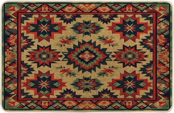 Aztec Door Mat Indian Geometry Floral Pattern Tribal Southwestern Red Green Beige Rubber Absorbent Dirt Trapper Non Slip Washable Indoor Home Porch Outdoor Welcome Doormat Entry Mats 17x29 Inch