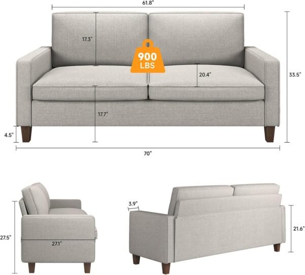 70" Grey Loveseat Sofa, 2 Seater Modern Couch, Linen Fabric Couch with Pocket Springs Seat Cushion, Square Armrest, Comfy Couches for Small Spaces, Living Room, Bedroom, Apartment, Office - Image 3