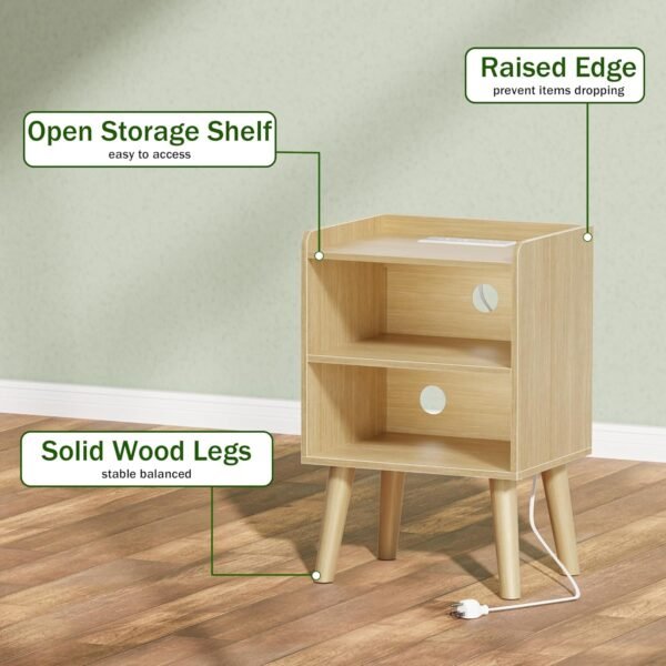 Night Stand with Charger Station, Bedside Table with LED Lights, Side Table with Fast USB-C Port, Nightstand with Solid Wood Feet, Small End Table for Bedroom, Living Room, Natural - Image 8