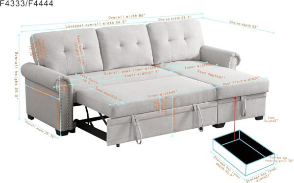 Convertible Sleeper Sofa with Pull Out Bed, 3-Seat Sofa Bed Sleeper Couch with Storage Chaise Lounge for Apartment, Living Room, Home Office, Guest Room - Image 6