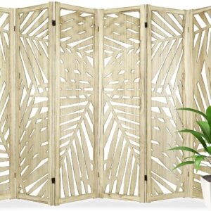 Babion 6 Panel Room Divider, 5.6FT Portable Wall Dividers, Room Dividers and Folding Privacy Screens, Wood Cutout Engraving Room Divider Screens for Office, Bedroom, Natural Brown