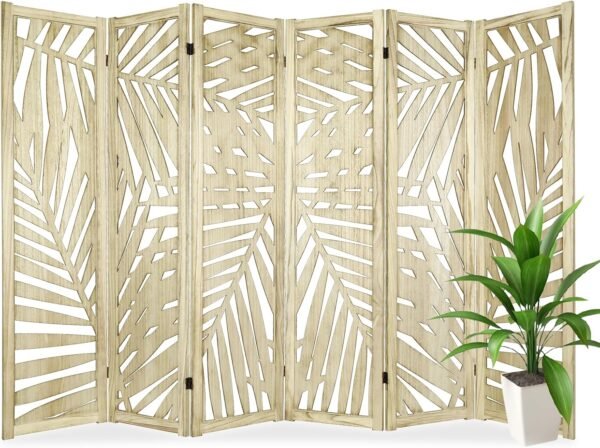 Babion 6 Panel Room Divider, 5.6FT Portable Wall Dividers, Room Dividers and Folding Privacy Screens, Wood Cutout Engraving Room Divider Screens for Office, Bedroom, Natural Brown