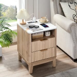 Nightstand with Charging Station, 18″ Bedside Table with Faux Marble Top, 2 Drawers Night Stand Fluted Curved Wood End Table for Bedroom, Living Room, Modern Rustic Storage Cabinet, Natural Oak