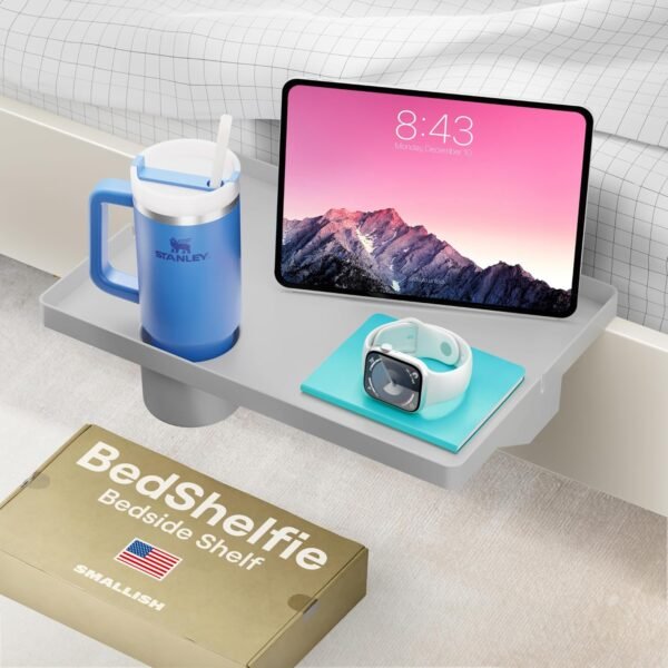 BedShelfie Bedside Shelf for Bunk Bed & Top Bunk, College Dorm Room Essentials, Loft Nightstand, Floating Bed Side Table Tray Storage, Dorm Room Decor, College Dorm Essentials - 2.5" Cup Holder, Grey