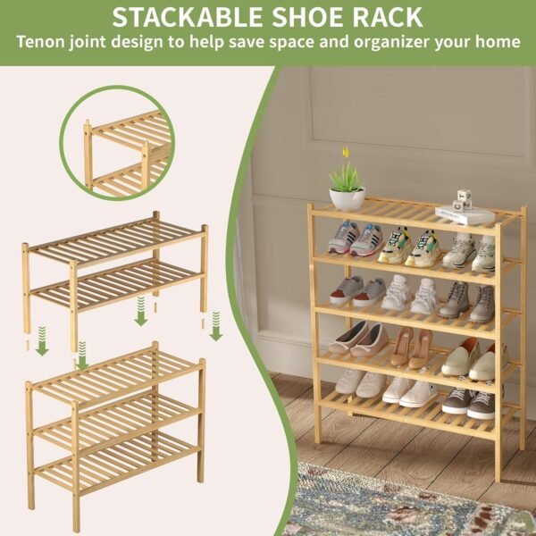 3 Tier Bamboo Shoe Rack for Closet Free Standing Wood Shoe Shelf Storage Organizer for Entryway Small Space Stackable 27"x11"x20" (Natural) - Image 5