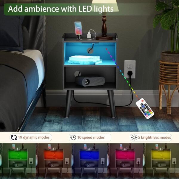 Night Stand with Charger Station, Bedside Table with LED Lights, Side Table with Fast USB-C Port, Nightstand with Solid Wood Feet, Small End Table for Bedroom, Living Room, Black - Image 3