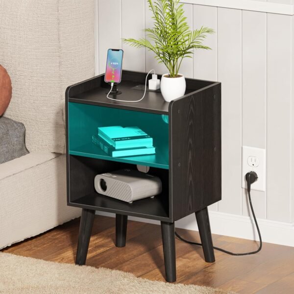Night Stand with Charger Station, Bedside Table with LED Lights, Side Table with Fast USB-C Port, Nightstand with Solid Wood Feet, Small End Table for Bedroom, Living Room, Black