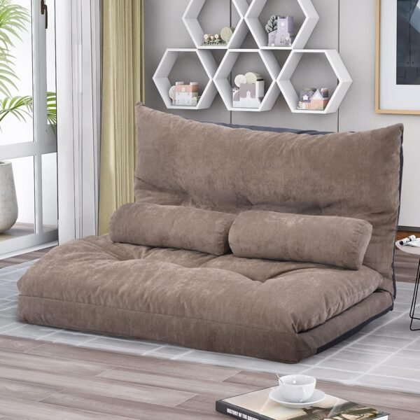 P PURLOVE Adjustable Floor Sofa Bed with 2 Pillows, Folding Lazy Sofa with 5 Reclining Position, Futon Floor Couch for Reading or Gaming in Bedroom/Living Room/Balcony, Light Brown - Image 4