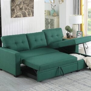 82″ Sleeper Couch with Pull Out Bed,L-Shape Upholstered Sectional Small W/Storage Chaise,Tufted Backrest Design,3 Seat Linen Convertible Sofas for Living Room Apartment Office,Green