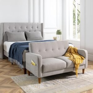 Mellow ADAIR Mid-Century Modern Loveseat / Sofa / Couch with Armrest Pockets, Tufted Linen Fabric, Light Grey