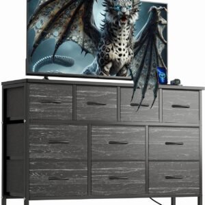 Dresser TV Stand with Power Outlet, 43″ Long Dresser for Bedroom with 10 Fabric Drawers, Chest of Drawers for Living Room, Hallway (Black Wood Veins)