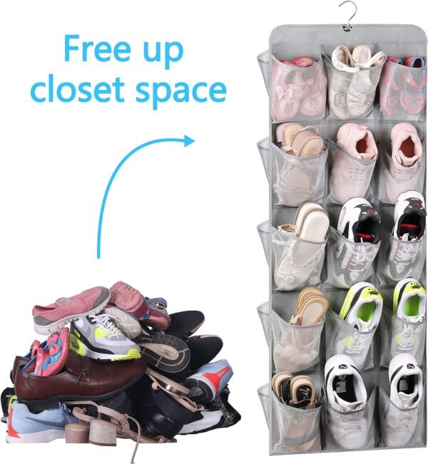 MISSLO 30 Large Pockets Dual Sided Hanging Shoe Organizer for Closet with Rotating Hanger Hanging Shoe Shelves, Grey - Image 6