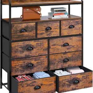 EnHomee Dresser for Bedroom with 9 Drawer Dressers & Chest of Drawers for Bedroom,Fabric Dresser for Closet with Wood Top for Living Room,Entryway,2 Shelves,Metal Frame,Rustic Brown