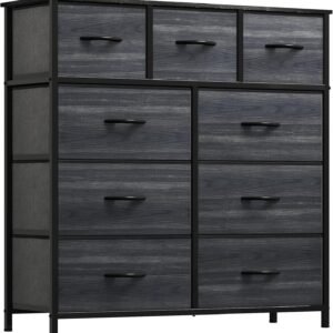 YITAHOME Dresser with 9 Drawers – Fabric Storage Tower, Organizer Unit for Living Room, Hallway, Closets – Sturdy Steel Frame, Wooden Top & Easy Pull Fabric Bins (Charcoal Black Wood Grain)