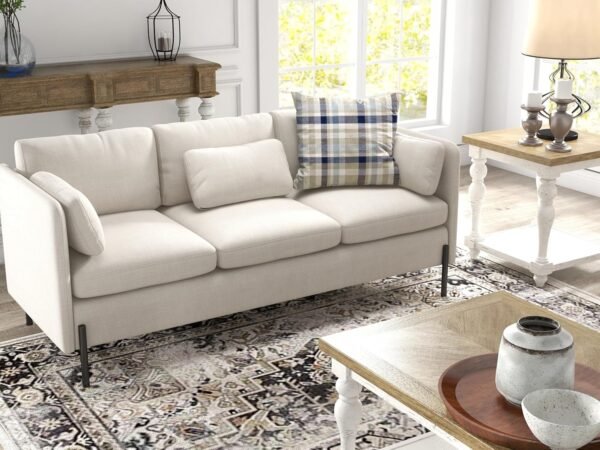 LINLUX 70”W Sofa Couch, 3 Seater Couches for Living Room, Comfy Sofas w/3 Pillows and Iron Legs, Fabric Sofa for Small Spaces, Bedroom, Office, Beige - Image 5