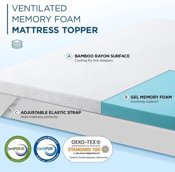4 Inch Gel Memory Foam Mattress Topper Twin XL Size, High Density Ventilated Memory Foam Bed Mattress Topper for Back Pain,Non-Slip Design with Removable Bamboo Cover - Image 2