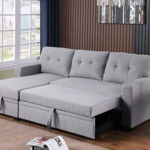 MMTGO Corner Pull Out Sleeper Sofa, with Storage Chaise and Arms, L-Shape Reversible Linen Sectional-Couch for Apartment, Living Room, Home Furniture, 82, Light Gray