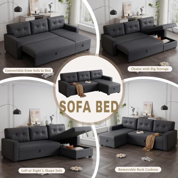 82" L-Shape Convertible Sleeper Sectional Sofa with Storage Chaise and Pull-Out Bed,Upholstered Reversible Corner 3 Seater Couch with Button Tufted Backrest & Armrest,for Living Room,Dark Gray - Image 5