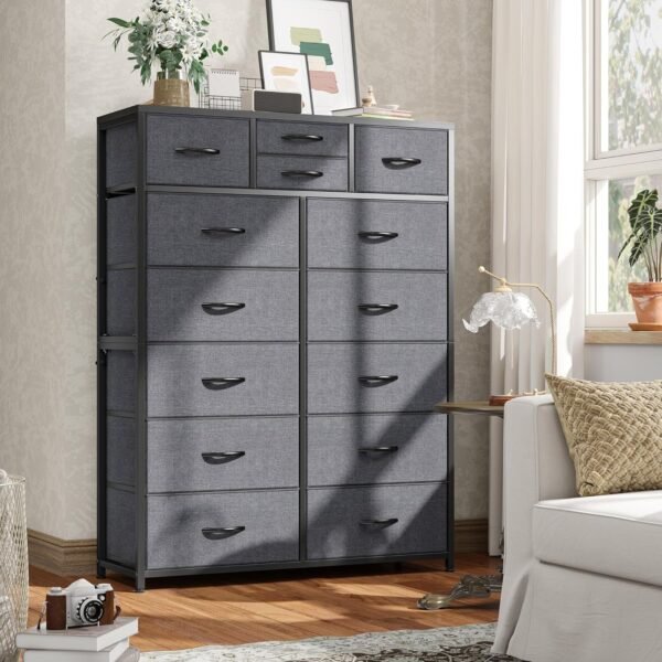 EnHomee Dresser for Bedroom with 14 Fabric Drawers,Tall Dressers for Bedroom, Closet, College Dorm, Wooden Top,Metal Frame,Light Grey 11.8" D x 37" W x 52" H