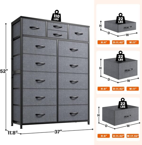 EnHomee Dresser for Bedroom with 14 Fabric Drawers,Tall Dressers for Bedroom, Closet, College Dorm, Wooden Top,Metal Frame,Light Grey 11.8" D x 37" W x 52" H - Image 2