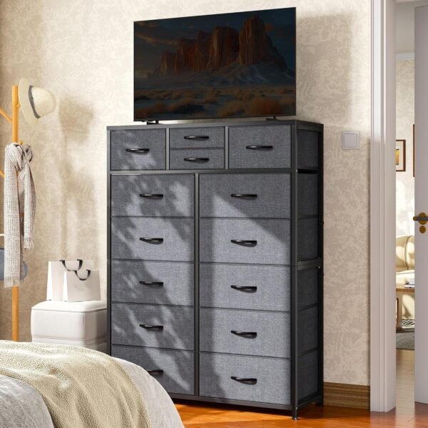 EnHomee Dresser for Bedroom with 14 Fabric Drawers,Tall Dressers for Bedroom, Closet, College Dorm, Wooden Top,Metal Frame,Light Grey 11.8" D x 37" W x 52" H - Image 3