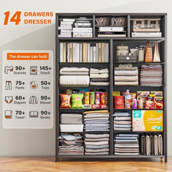 EnHomee Dresser for Bedroom with 14 Fabric Drawers,Tall Dressers for Bedroom, Closet, College Dorm, Wooden Top,Metal Frame,Light Grey 11.8" D x 37" W x 52" H - Image 4