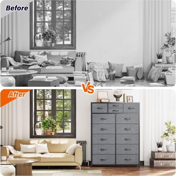 EnHomee Dresser for Bedroom with 14 Fabric Drawers,Tall Dressers for Bedroom, Closet, College Dorm, Wooden Top,Metal Frame,Light Grey 11.8" D x 37" W x 52" H - Image 8