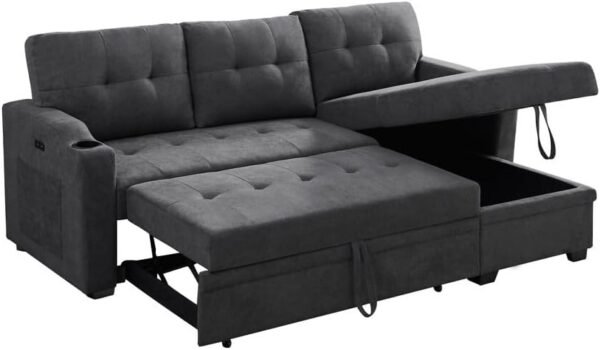 83" L-Shape Convertible Sleeper Sectional Sofa with Storage Chaise & Pull Out Bed, Reversible Corner Couch Design w/Cup Holder, USB Charging Port, Side Pocket for Living Room, Apartment, Office - Image 6