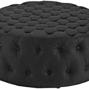 Hawthorne Collections Button Tufted Round Faux Leather Ottoman in Black