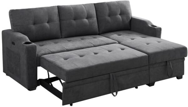 83" L-Shape Convertible Sleeper Sectional Sofa with Storage Chaise & Pull Out Bed, Reversible Corner Couch Design w/Cup Holder, USB Charging Port, Side Pocket for Living Room, Apartment, Office - Image 5