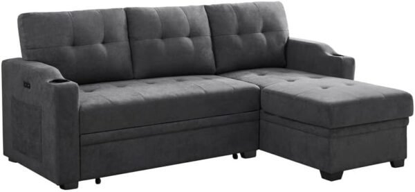83" L-Shape Convertible Sleeper Sectional Sofa with Storage Chaise & Pull Out Bed, Reversible Corner Couch Design w/Cup Holder, USB Charging Port, Side Pocket for Living Room, Apartment, Office - Image 4