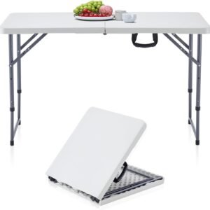 BOOSDEN 4 Foot Folding Table, Portable Rectangle Card Table, Indoor Outdoor Plastic Fold-in-Half Utility Table with Carrying Handle, Adjustable Height Foldable Table for Picnic,Party,Camping,Office