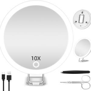 10X Magnifying Mirror with Lights, 6inch Makeup Magnifying Mirror 10X Lighted Handheld Magnification Mirror with Stand & Suction Cups, Large Travel Magnified Mirror Portable 10X LED Magnifying Mirror