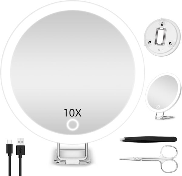 10X Magnifying Mirror with Lights, 6inch Makeup Magnifying Mirror 10X Lighted Handheld Magnification Mirror with Stand & Suction Cups, Large Travel Magnified Mirror Portable 10X LED Magnifying Mirror