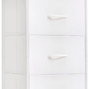 Somdot White Nightstand, 3 Drawer Dresser for Bedroom, Bedside Table Night Stand End Table with Fabric Bins for Bedroom Nursery Closet Dorm Living Room, White Leather