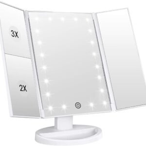 WEILY Makeup Vanity Mirror with 21 LED Lights and Touch Screen, Tri-Fold 1x 2X 3X Magnification,180° Adjustable Rotation and USB Powered,Countertop Cosmetic Mirror (White)