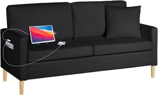 TYBOATLE 66" Sofa Couch,PU Leather Loveseat w/ 2 USB Charging Ports & Pillow,Modern Love Seats for Living Room,Small Couches for Small Spaces,Office,Bedroom(Black) (Black, 66" W) - Image 9