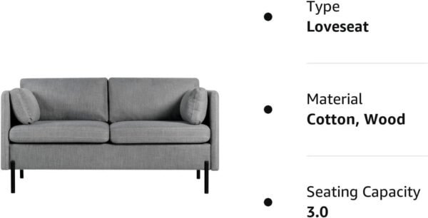 LINLUX Grey Fabric Loveseat Sofa Couch for Living Room, 55''W, 2 Pillows and Iron Legs, Mid Century Modern Design, Suitable for Small Spaces - Image 8