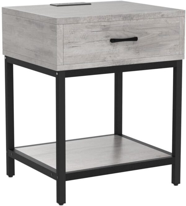Set of 2 Grey Nightstands with Charging Station, End Tables Living Room with Drawer and Shelf, Bedside Table with USB Port & Power Outlet for Bedroom College Dorm - Image 5