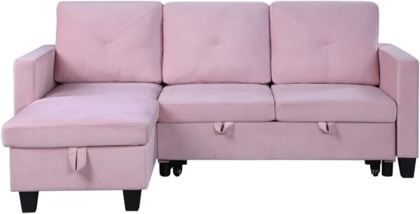 82.5'' L-Shape Convertible Sleeper Sectional Sofa with Storage Chaise and Pull-Out Bed, Velvet Upholstered Reversible Corner 3 Person Couch, for Living Room, Apartment, Pink - Image 3