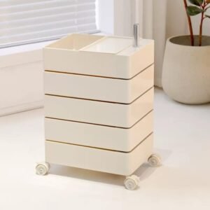 Nightstand with 5 Drawers, 360° Rotating Drawers End Table Beside Nightstand Storage Organizer Furniture, Modern Night Stand for Closet, Hallway, Nursery, College Dorm, Living Room, White
