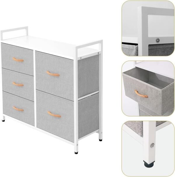 AZL1 Life Concept Storage Dresser Furniture Unit - Large Standing Organizer Chest for Bedroom, Office, Living Room, and Closet - 5 Drawer Removable Fabric Bins - Light Grey/White - Image 4
